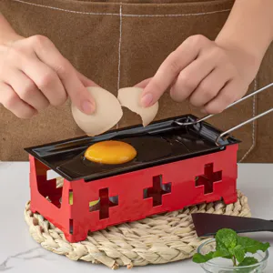 Mini raclette cheese grill with non-stick baking pan and red metal stand for household use