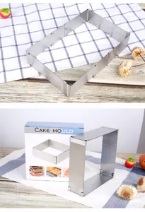 Adjustable stainless steel rectangle cake mould mousse ring detail view for baking lovers.