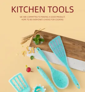 Detailed view of speckled teal silicone kitchen utensils set, premium cooking tools display.