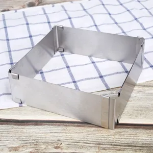 Adjustable stainless steel square mousse cake mold baking ring for kitchen pastry tools.