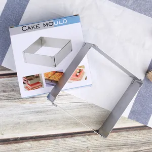 Stainless steel adjustable square cake mould baking tool for home kitchen pastry making.