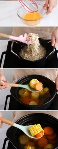 Silikon Küchenutensilien Detailansicht, Holzgriff Schneebesen und Suppenlöffel.