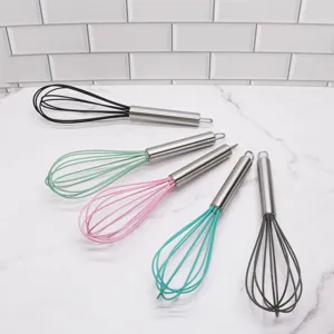10-inch manual silicone whisk with stainless steel handle for kitchen egg beating and whisking.