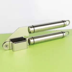Schiacciaglio manuale in acciaio inossidabile vista dettaglio, utensile da cucina robusto.