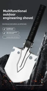 Multifunctional outdoor engineering shovel, portable camping steel folding survival tool for hiking.