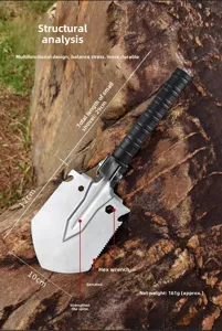 Multifunctional outdoor folding military shovel with serrated edge and wrench tools.