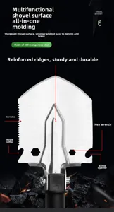 Multifunctional camping shovel head detail, 430 manganese steel, serrated rope cutter tool.
