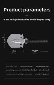 Outdoor folding tactical shovel detail, portable multi-function steel camping tool with specs.