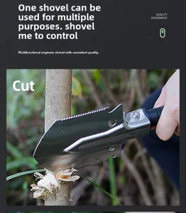 Outdoor multifunctional folding shovel detail, durable stainless steel tool with serrated edge.
