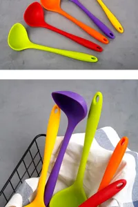 Colorful silicone soup ladle heat resistant kitchen cooking spoon set detailed view showcasing design.