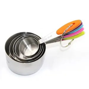 Stainless steel measuring cups set with colorful silicone handles for kitchen baking use main