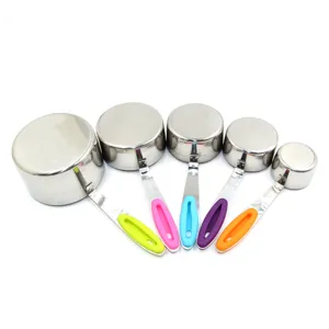 Stainless steel measuring cups 5-piece set with colorful silicone handles for kitchen baking.
