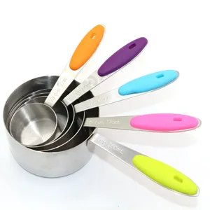 Stainless steel measuring cups 5-piece set with colorful silicone handles for kitchen baking