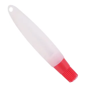 Silicone oil bottle brush for baking BBQ pastry cooking with squeeze handle and hanging hole.