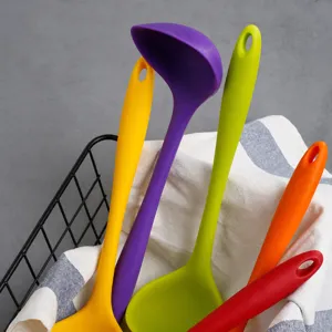 Colorful silicone soup ladles set, large heat-resistant cooking spoons for kitchen use.