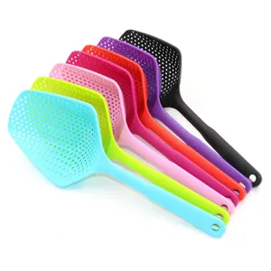Colorful plastic kitchen colanders slotted spoons set for cooking food draining and prep.