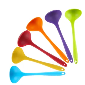 Colorful silicone soup ladle set, high temperature resistant kitchen cooking tool with ergonomic handle.