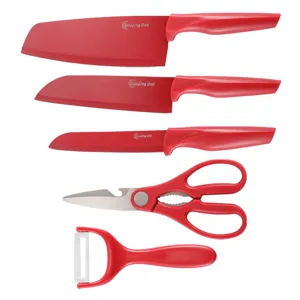 Red kitchen knife set five pieces stainless steel cooking knives, scissors and peeler tool.