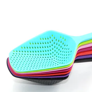 Colorful plastic kitchen colander slotted spoon strainer for cooking and draining food easily.