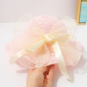 Rosa spitze kinder sonnenhut mit großer creme schleife, süße prinzessin baby sommer hut.