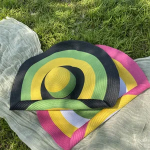 Dames extra grote rand strohoed regenboog gestreepte zomer strand zonnekap hoed