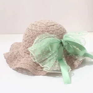Kinder Sommer Sonnenhut beige Spitze Häkeln Sonnenschutz Kappe mit grüne Schleife