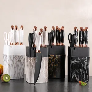 Stainless Steel Kitchen Knife Set 7 Piece Chef Knife Fruit Knife With Marble Pattern Block And Sharpener Gold