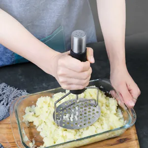 Stainless steel potato masher kitchen tool with double layer pressing design for easy mashing.