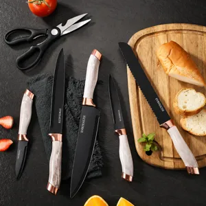 Stainless steel kitchen knife set with modern marble handle and black coated blades for cooking.