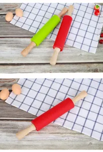 Detailansicht des Silikon Nudelholzes mit Antihaftbeschichtung und ergonomischem Holzgriff.