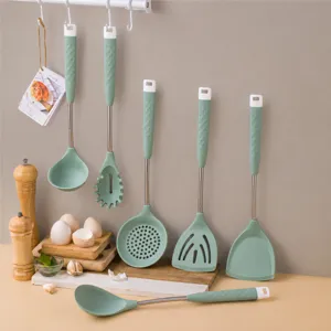 Green Silicone Kitchen Utensils Stainless Steel Handle Non Stick Cookware Cooking Tools