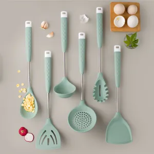 Nordic silicone kitchen utensil set with diamond texture handles, non-stick cookware tools.