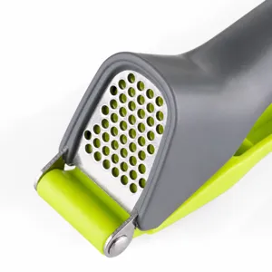 Manual garlic press with plastic handle and stainless steel perforated press plate for kitchen use.