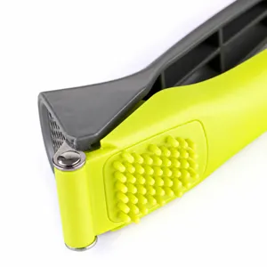 Manual plastic handle garlic press with matrix cylinder cleaning design for home kitchen use.