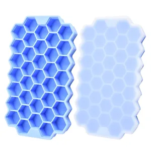 Blue silicone honeycomb ice cube tray with 37 grids and lid for easy summer ice making.