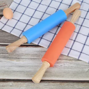 Silikon Nudelholz mit Holzgriff Antihaft Backwerkzeug Kuechenrolle 2er Set Neu