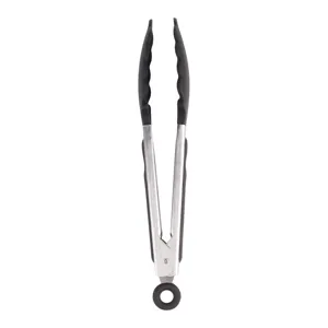 Stainless steel food tong with black silicone tips, ideal for daily kitchen cooking and grilling.