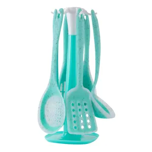 Green speckled silicone kitchen utensil set 7 pieces with rotating stand spatula spoon