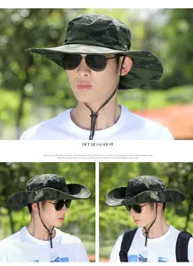 Detailed view of the men's camo bucket hat, wide brim sun protection for outdoor activities.
