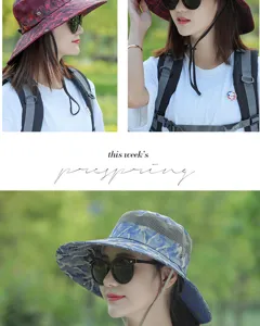 Women summer outdoor sun protection bucket hat with wide brim, breathable mesh and wind rope.