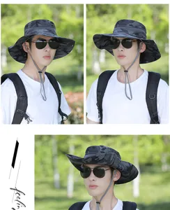 Men outdoor camouflage bucket hat detail view, wide brim sun protection and breathable mesh.