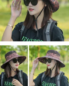 Outdoor camo bucket hat detail showing breathable mesh crown, wide brim and adjustable wind rope.