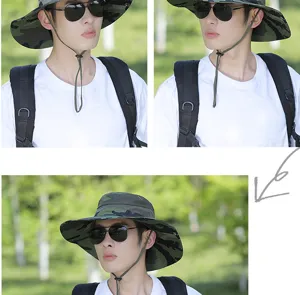 Men's Summer Camouflage Bucket Hat Wide Brim Outdoor Fishing Hiking Sun Protection Cap