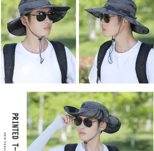 Men's camo bucket hat outdoor sun protection fishing cap with wide brim and windproof rope.