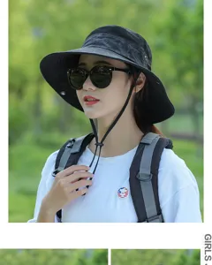 Summer outdoor sun protection bucket hat for women with wide brim and windproof rope.
