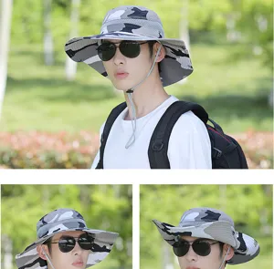 Men camouflage bucket hat outdoor sun protection fishing hiking breathable wide brim summer