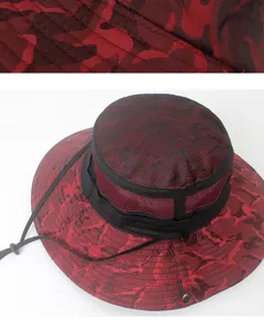 Red camouflage bucket hat detail showing breathable mesh crown and brim for outdoor sun.