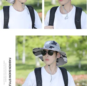 Summer outdoor camouflage bucket hat with wide brim, breathable mesh and adjustable chin cord.