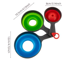 Collapsible silicone funnel set of 3, foldable kitchen tools for oil, jam, and liquid transfer.