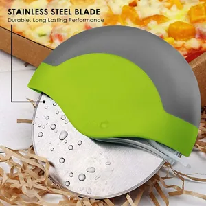 Stainless steel pizza cutter detail showing sharp blade with water drops and ergonomic handle.